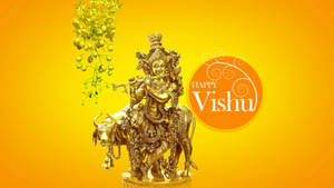 金色嘅克里希納神像喺公牛上，有「Happy Vishu」文字同掛住嘅花。
