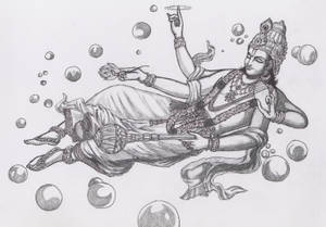 在詳細的鉛筆素描中，一位神聖的人物被氣泡環繞著斜倚。