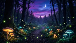 發光的蘑菇和螢火蟲在夜晚的彎月下照亮森林小徑。