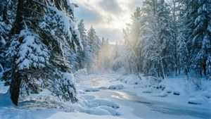 冰封的河流被積雪的松樹環繞，陽光從樹間透入。