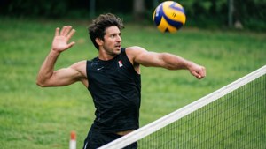 運動員在草地上將排球扣過網