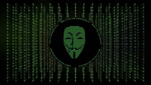 綠色數位矩陣，帶有Anonymous面具和文字
