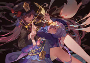 兩位動漫少女在魔法戰鬥場景中揮舞發光武器。