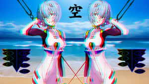 兩個身穿白色西裝的動漫角色在沙灘上，帶有3D立體效果和日本漢字。