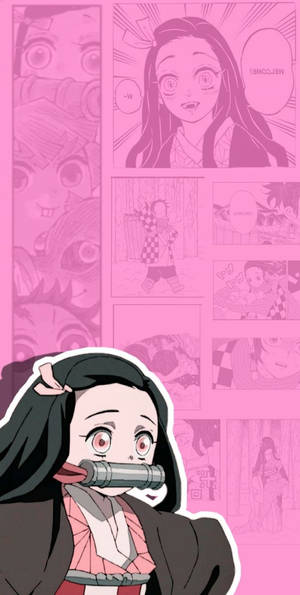 《鬼滅之刃》的禰豆子咬著竹筒，身後有漫畫格。 — 粉紅動漫美學 壁紙