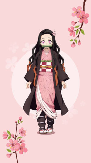 動漫女孩穿著粉紅色和服，戴著竹製口塞，被櫻花環繞。 — 粉紅花朵 壁紙