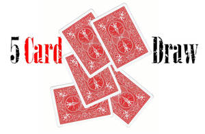 五張紅色撲克牌以扇形排列，帶有 '5 Card Draw' 文字。