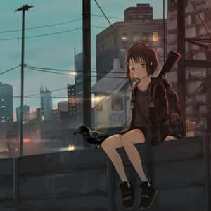 動漫女孩與烏鴉在屋頂上俯瞰暮色中的城市