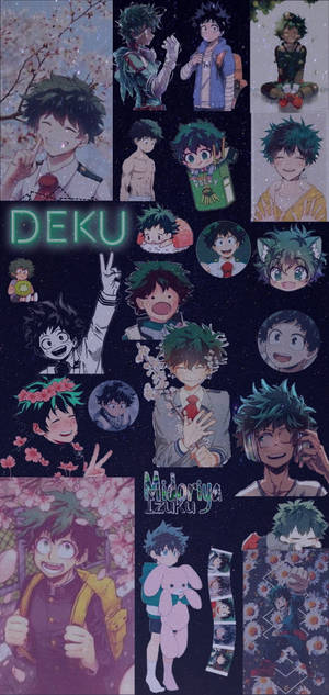 動漫角色 Deku 以多個歡樂姿勢，搭配櫻花和星星。