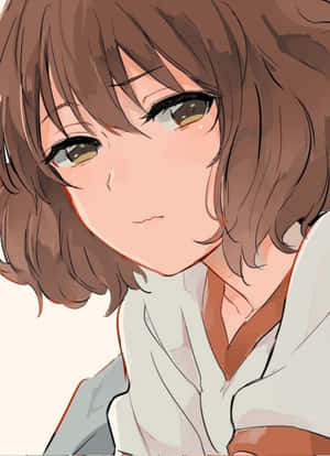動漫女孩，棕色頭髮和溫暖的眼睛，溫柔地微笑。
