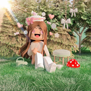 一個長頭髮的快樂Roblox女孩坐在草地上，周圍有飄浮的心形和蝴蝶結。