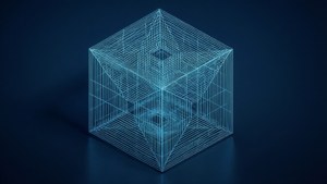 發光的藍色線框立方體，在深色背景上帶有內部幾何圖案