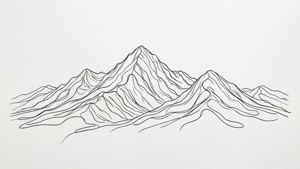 極簡黑色線條藝術，描繪帶有流暢輪廓線的山脈。