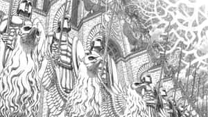 裝甲士兵騎著獅鷲生物朝向石頭堡壘，呈現奇幻戰鬥場景。