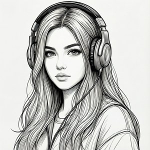 年輕女性佩戴耳機的黑白線條藝術風格。