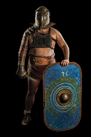 全副武裝的羅馬士兵在黑色背景前手持盾牌和劍