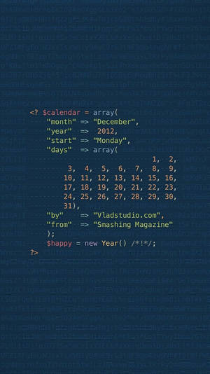 PHP代碼片段，在深藍色網格背景上顯示2012年12月日曆。