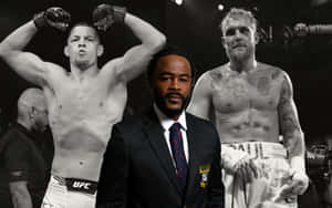兩位勝利的MMA拳手和一位身穿西裝的播音員在UFC賽事中。