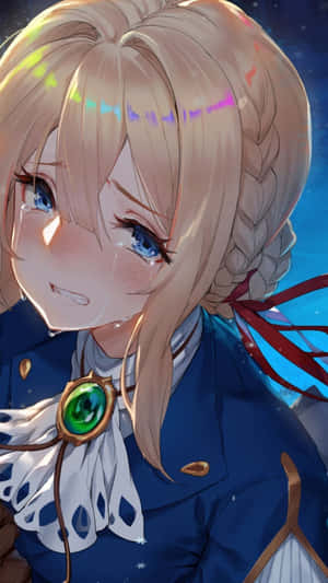 穿著藍色制服的動漫女孩在星空下哭泣