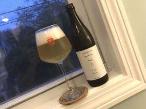 黃昏時分窗台上的一個啤酒杯和一個酒瓶。