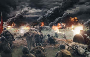 士兵在爆炸和煙霧中穿過飽受戰爭蹂躪的戰場前進。