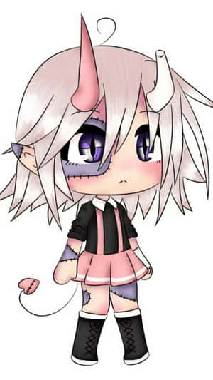 銀髮有角有尾的Q版動漫女孩穿著校服