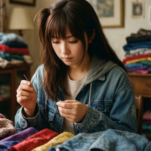 年輕女性在室內編織紅色毛線，周圍堆滿了色彩繽紛的布料。