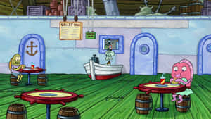 Squidward 坐在卡通餐廳的桌子旁，有一隻粉紅色水母顧客。 — 海绵宝宝 壁紙