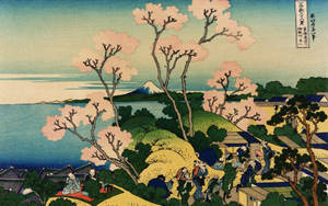 櫻花樹在湖泊附近盛開，遠處有富士山，下方有村民。