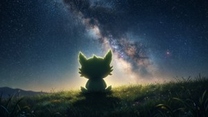 一隻小狐狸般的生物坐在山丘上，在星空下，銀河系清晰可見。