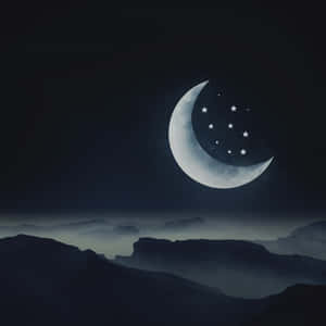 新月和星星在夜霧籠罩的山峰上