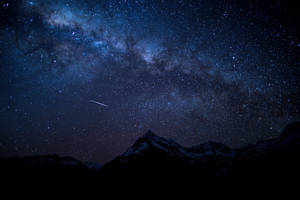 積雪的山峰下星空燦爛，銀河和流星。