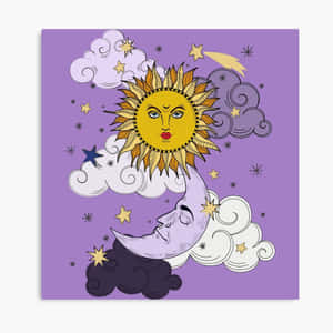 一個微笑的太陽和月亮，帶有臉孔，被星星和雲朵環繞在紫色背景上。 — 月色夜空 壁紙