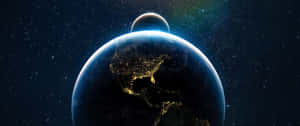 夜間的地球，城市燈光和太空中的月亮。