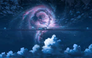夜晚，碼頭在充滿活力的宇宙星雲倒映在水中。