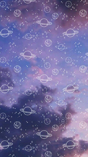 紫色天空，帶有重複圖案的白色輪廓行星和星星。