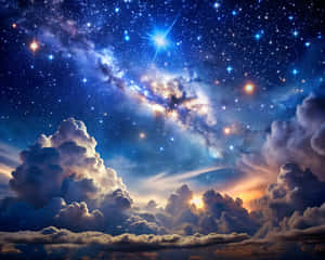 在充滿活力的星空銀河下，戲劇性的雲層被日落光照亮。 — 太空 壁紙