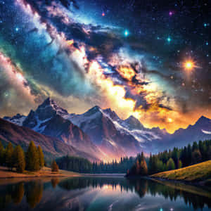 積雪的山峰和森林倒映在湖中，上方是鮮豔的星空。