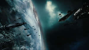 太空船艦隊在太空中行星上空交戰。