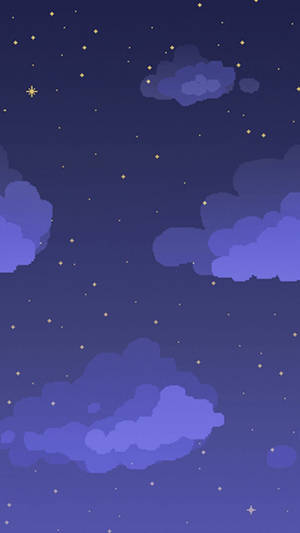 紫色雲朵在佈滿金色星星的星空下飄動。