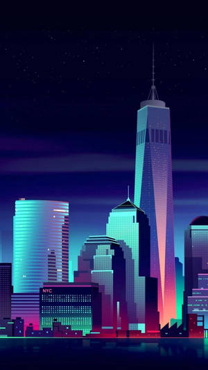 夜晚霓虹燈照亮嘅紐約市天際線，摩天大樓倒映喺水中。