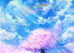 櫻花樹在彩虹天空下，陽光和雲朵。 — 天空美學 壁紙