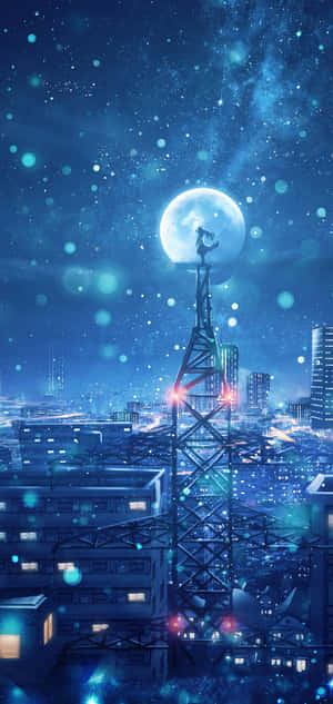 一個人在塔上，滿月下，在夜晚發光的未來城市中。 — Huawei 壁紙
