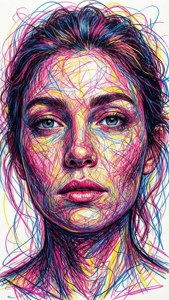 一幅色彩繽紛的抽象數位肖像，描繪一位眼神強烈的女性。