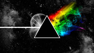 黑色三角形在太空中分割白色光束，伴有彩虹星雲和行星。