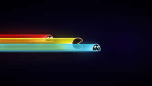像素化的 Pacman 和鬼魂在彩虹軌跡中移動。