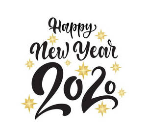 Happy New Year 2020 賀詞，黑色字體搭配白色背景上的金色星星。 — 煙火 壁紙