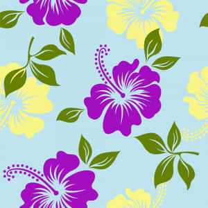 在藍色背景上的熱帶紫色和黃色芙蓉花。 — 青綠色 GIF 壁紙