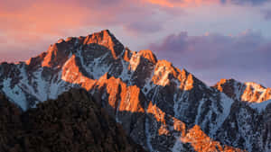 雪山山峰沐浴在夕陽餘暉中，天空呈現粉紅色和紫色。