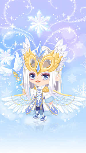 擁有翅膀和皇冠的Q版雪女王，在帶有雪花的魔法冬日天空中漂浮。